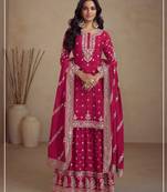 Red heavy vichitra silk semi stitched suit with sequence & multi work