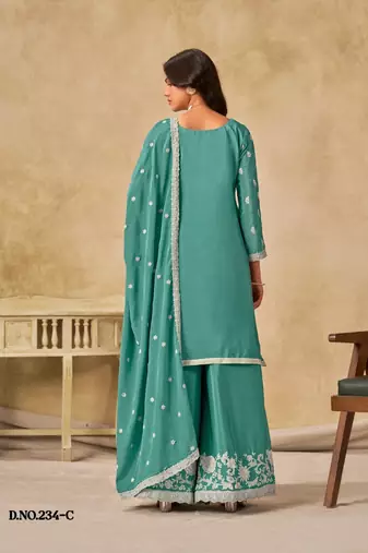 Sky blue heavy chinon palazzo suit with embroidey 