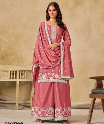 Peach heavy chinon palazzo suit with embroidey  1