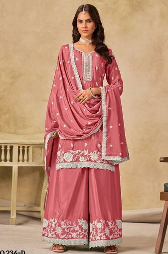 Peach heavy chinon semi stitched palazzo suit with embroidey work