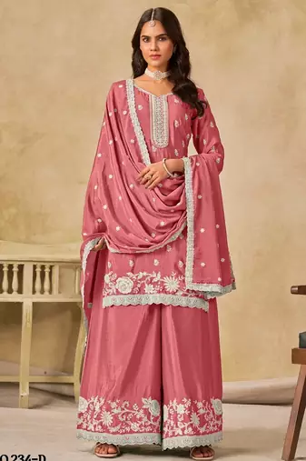 Peach heavy chinon semi stitched palazzo suit with embroidey work