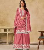 Peach heavy chinon semi stitched palazzo suit with embroidey work