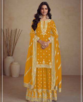 Yellow heavy vichitra silk suit with sequin & multi  1