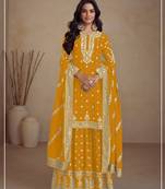 Yellow heavy vichitra silk semi stitched suit with sequence & multi work