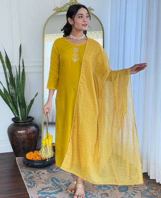 Women Beautiful Embroidery Rayon with Straight Kurta Pant and Dupatta Set 1