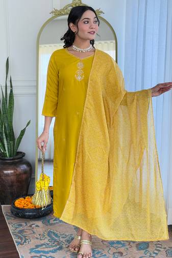 Women Beautiful Embroidery Rayon Fabric with Straight Kurta, Pant and Dupatta Set