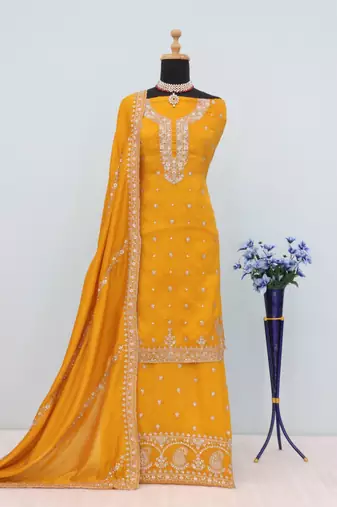 Yellow heavy vichitra silk suit with sequin & multi 