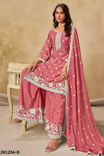 Peach heavy chinon palazzo suit with embroidey 