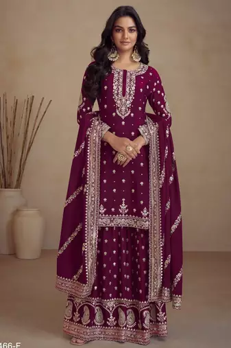 Maroon heavy vichitra silk semi stitched suit with sequence & multi work