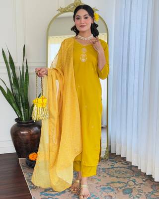 Women Beautiful Embroidery Rayon with Straight Kurta Pant and Dupatta Set 5