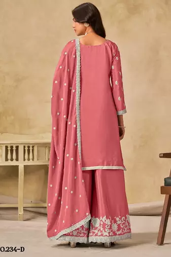 Peach heavy chinon palazzo suit with embroidey 
