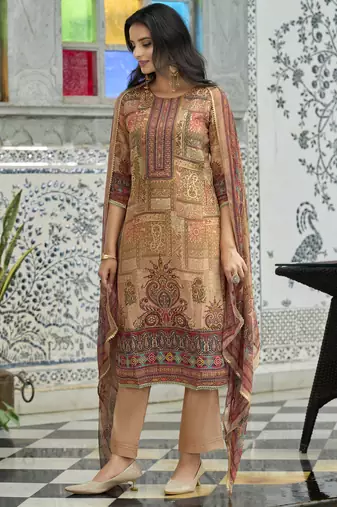 Peach pure natural crepe floral printed straight kurta with pant & printed dupatta