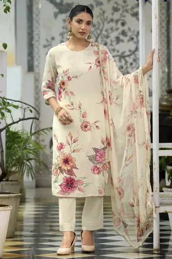 Off-white pure natural crepe floral printed straight kurta with pant & printed dupatta