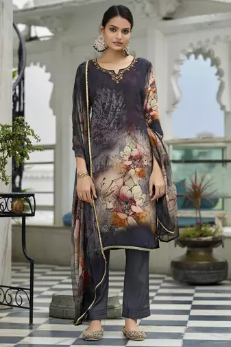 Dark grey pure natural crepe floral printed straight kurta with pant & printed dupatta
