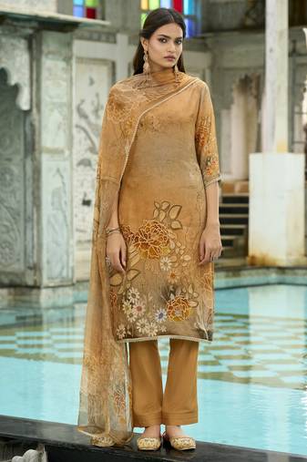 Mustard pure natural crepe floral printed straight kurta with pant & printed dupatta