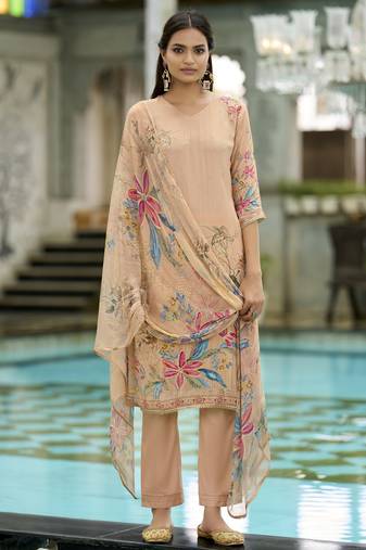 Peach pure natural crepe floral printed straight kurta with pant & printed dupatta