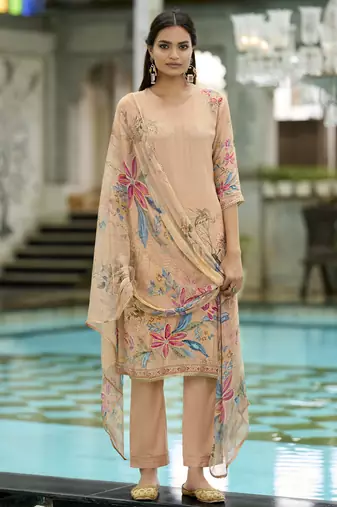 Peach pure natural crepe floral printed straight kurta with pant & printed dupatta