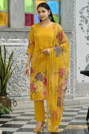 Mustard pure natural crepe floral printed straight kurta with pant & printed dupatta