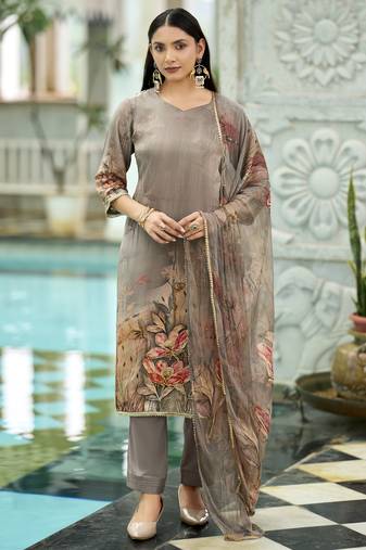 Grey pure natural crepe floral printed straight kurta with pant & printed dupatta