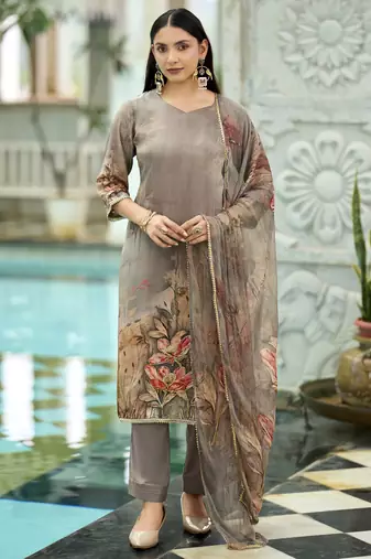 Grey pure natural crepe floral printed straight kurta with pant & printed dupatta