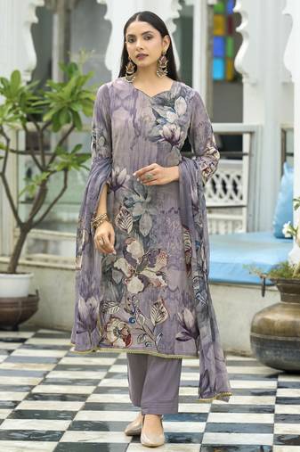 Lavender pure natural crepe floral printed straight kurta with pant & printed dupatta