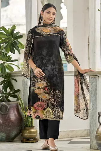 Black pure natural crepe floral printed straight kurta with pant & printed dupatta