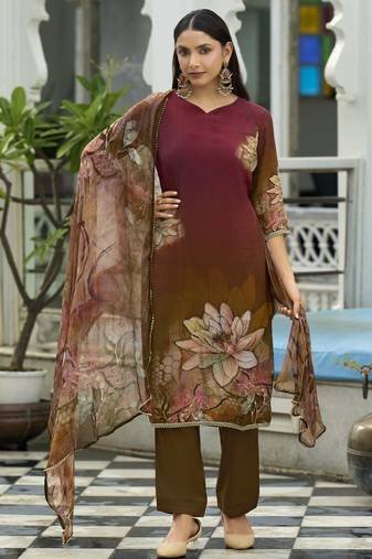 Maroon pure natural crepe floral printed straight kurta with pant & printed dupatta