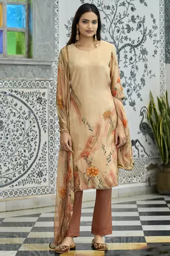 Peach pure natural crepe floral printed straight kurta with pant & printed dupatta