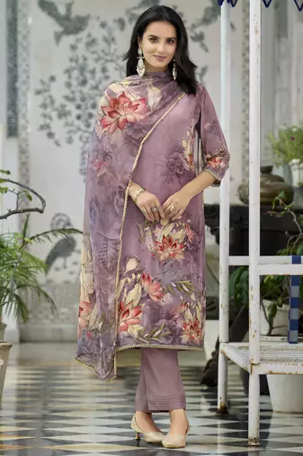 Purple pure natural crepe floral printed straight kurta with pant & printed dupatta