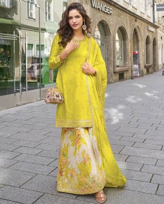Yellow heavy chinon silk stitched sharara suit (Free Size) 1