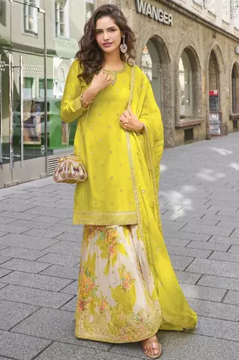 Yellow heavy chinon silk semi stitched sharara suit