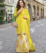 Yellow heavy chinon silk semi stitched sharara suit