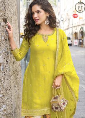 Yellow heavy chinon silk stitched sharara suit (Free Size) 2