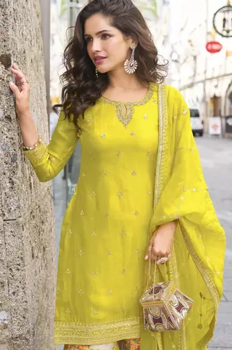 Yellow heavy chinon silk stitched sharara suit (Free Size)