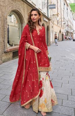 Red heavy chinon silk semi stitched shara suit 1