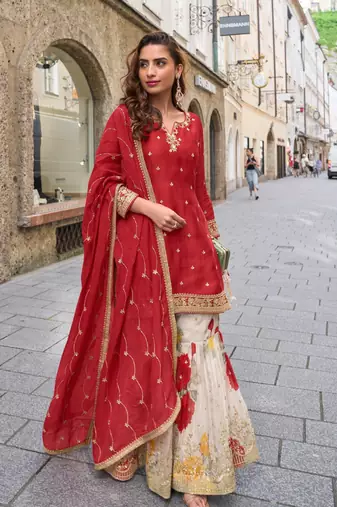 Red heavy chinon silk semi stitched shara suit