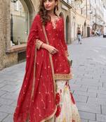 Red heavy chinon silk semi stitched shara suit
