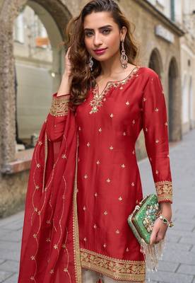 Red heavy chinon silk semi stitched shara suit 2
