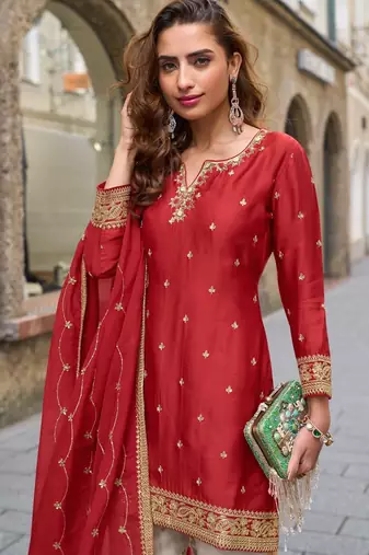 Red heavy chinon silk semi stitched shara suit