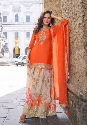 Orange heavy chinon silk palazzo suit with sequin  1