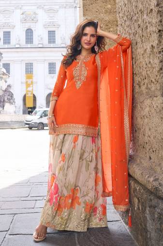 Orange heavy chinon silk semi stitched palazzo suit with sequence work