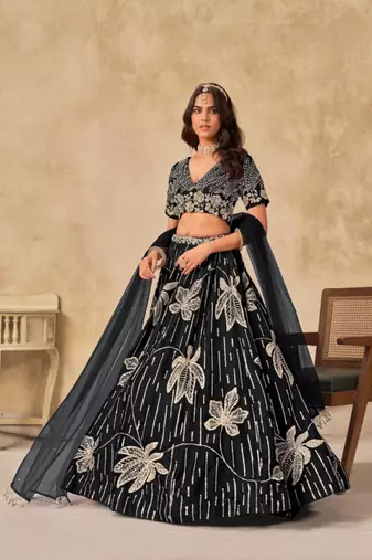 Black heavy art silk semi stitched lehenga choli with embroidery work