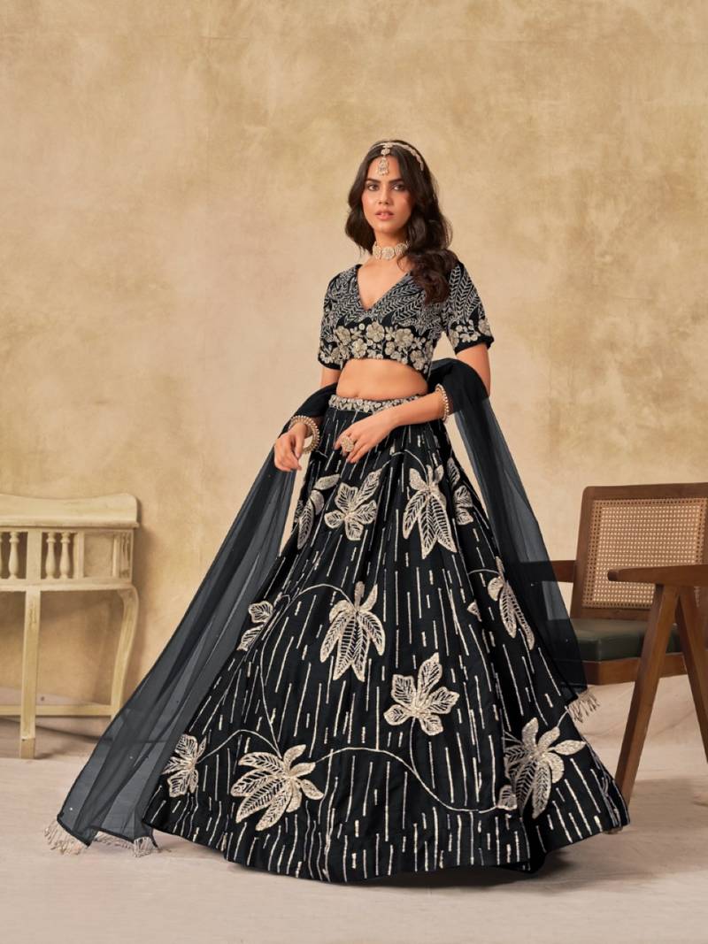Black heavy art silk semi stitched lehenga choli with embroidery work