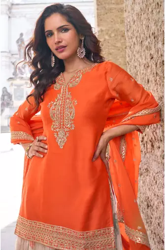 Orange heavy chinon silk palazzo suit with sequin 