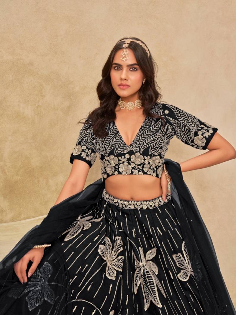 Black heavy art silk semi stitched lehenga choli with embroidery work