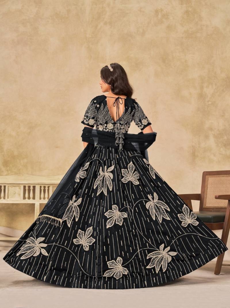 Black heavy art silk semi stitched lehenga choli with embroidery work