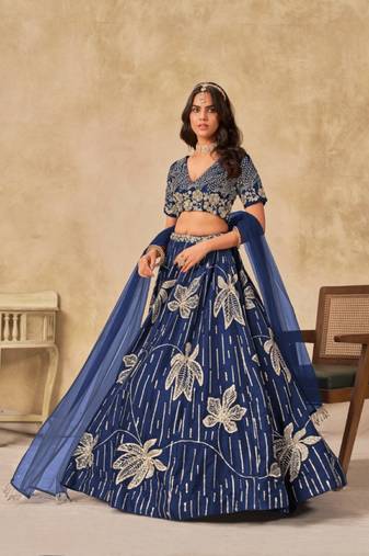 Navy blue heavy art silk semi stitched lehenga choli with embroidery work