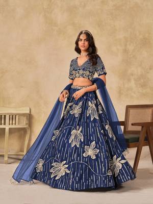 Navy blue heavy art silk blend lehenga choli with embroidery work 1