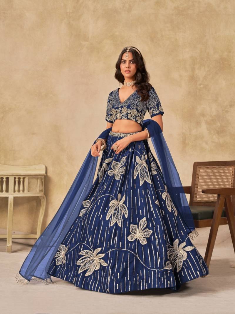 Navy blue heavy art silk semi stitched lehenga choli with embroidery work
