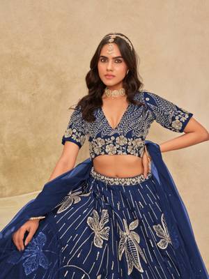 Navy blue heavy art silk blend lehenga choli with embroidery work 2